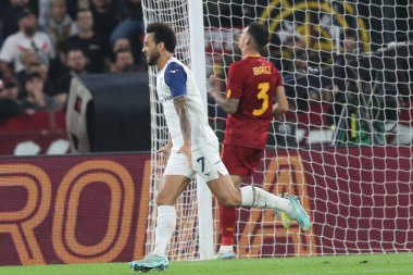 Roma, İtalya 06.11.2022: Lazio 'lu Anderson ilk golü attı ve İtalya Serie A şampiyonluk maçında AS Roma-SS Lazio karşılaşmasını İtalya' nın başkenti Roma 'da 06 Kasım 2022' de kutladı..