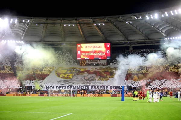 stock image Rome, Italy 06.11.2022: Choreography on the stands before the Italian Serie A championship match AS Roma vs SS Lazio at Stadio Olimpico on November 06, 2022 in Rome, Italy.