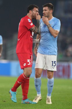 Roma, İtalya 10.11.2022: İtalya Süper Ligi Serisi A 'da attığı dış gol sonrasında Romagnoli ile Petagna Spektrometresi, 14 gün süren futbol maçı, 10 Kasım 2022' de Roma 'da Stadio Olimpico' da SS Lazio ile Monza arasında oynanan karşılaşma..