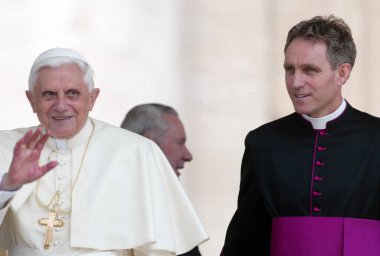 ROME, Italy - 31.12.2022: (ARCHIVE IMAGE) Joseph Ratzinger and Father Georges. Pope Benedict XVI during audiences in Vatican in Rome. Pope Benedict XVI died at 9.35 am on December 31, 2022 at Mater Ecclesiae in the Vatican. Successor of Pope John Pau clipart