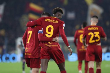 Rome, Italy 15.01.2023:  Paulo Dybala (AS ROMA) score the goal and celebrates with Tammy Abrham (AS ROMA) during the Serie A football match between AS Roma and AC Fiorentina  at Stadio Olimpico on January 15, 2023 in Rome, Italy.