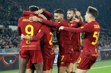 Rome, Italy 15.01.2023:  Paulo Dybala (AS ROMA) score the goal and celebrates with Tammy Abrham (AS ROMA) during the Serie A football match between AS Roma and AC Fiorentina  at Stadio Olimpico on January 15, 2023 in Rome, Italy.