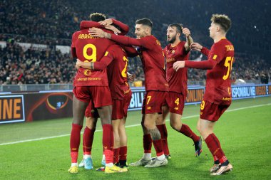 Rome, Italy 15.01.2023:  Paulo Dybala (AS ROMA) score the goal and celebrates with Tammy Abrham (AS ROMA) during the Serie A football match between AS Roma and AC Fiorentina  at Stadio Olimpico on January 15, 2023 in Rome, Italy.