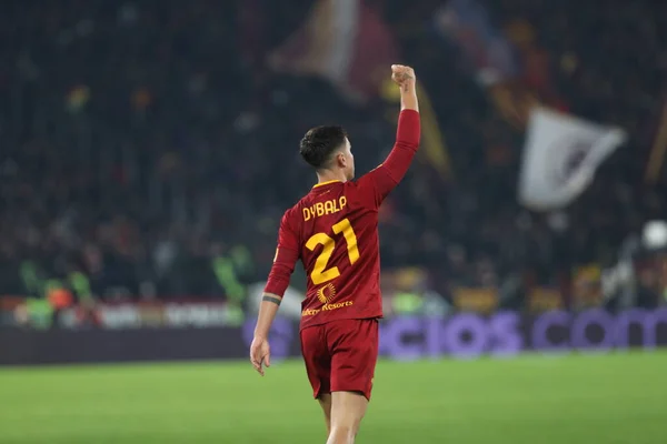 stock image Rome, Italy 15.01.2023:  Paulo Dybala (AS ROMA) score the goal and celebrates with Tammy Abrham (AS ROMA) during the Serie A football match between AS Roma and AC Fiorentina  at Stadio Olimpico on January 15, 2023 in Rome, Italy.