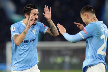 Rome, Italy 24.01.2023:  Mattia Zaccagni (Lazio) score the goal and celebrate with the team during the Serie A match day 19 between SS Lazio and AC Milan at Stadio Olimpico on January 24, 2023 in Rome, Italy.