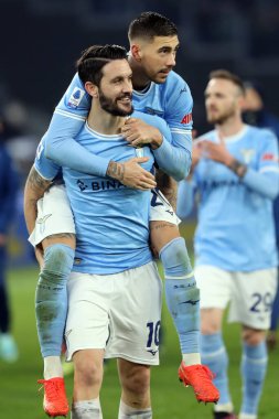 Rome, Italy 24.01.2023:  Luis Alberto (Lazio), Mattia Zaccagni (Lazio) celebrate victory at end of the Serie A match day 19 between SS Lazio and AC Milan at Stadio Olimpico on January 24, 2023 in Rome, Italy.