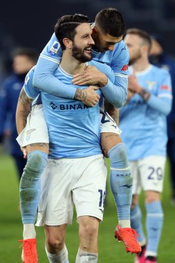 Rome, Italy 24.01.2023:  Luis Alberto (Lazio), Mattia Zaccagni (Lazio) celebrate victory at end of the Serie A match day 19 between SS Lazio and AC Milan at Stadio Olimpico on January 24, 2023 in Rome, Italy.
