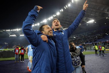 Rome, Italy 24.01.2023: Pedro and Cataldi (lazio) celebrate victory at end of the Serie A match day 19 between SS Lazio and AC Milan at Stadio Olimpico on January 24, 2023 in Rome, Italy.