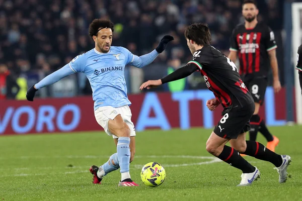Rome, Italy 24.01.2023: Felipe Anderson (Lazio), Sandro Tonali (Milan) in action during the Serie A match day 19 between SS Lazio and AC Milan at Stadio Olimpico on January 24, 2023 in Rome, Italy.