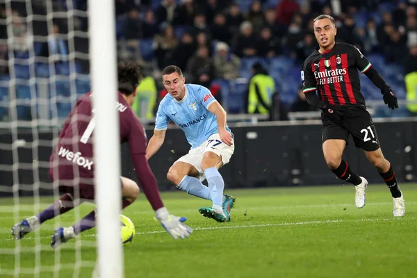 Rome, Italy 24.01.2023: Adam Marusic (Lazio) in tackle on Sergio Dest (Milan) during the Serie A match day 19 between SS Lazio and AC Milan at Stadio Olimpico on January 24, 2023 in Rome, Italy.