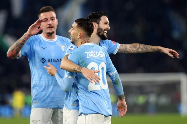 Rome, Italy 24.01.2023:  Mattia Zaccagni (Lazio) score the goal and celebrate with the team during the Serie A match day 19 between SS Lazio and AC Milan at Stadio Olimpico on January 24, 2023 in Rome, Italy.