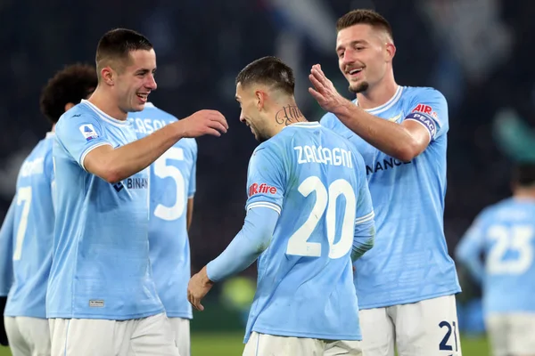 Rome, Italy 24.01.2023:  Mattia Zaccagni (Lazio) score the goal and celebrate with the team during the Serie A match day 19 between SS Lazio and AC Milan at Stadio Olimpico on January 24, 2023 in Rome, Italy.