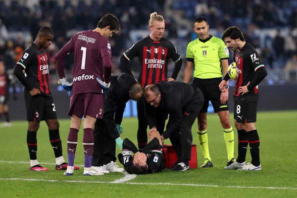 Rome, Italy 24.01.2023: Davide Calabria (Milan) injured during the Serie A match day 19 between SS Lazio and AC Milan at Stadio Olimpico on January 24, 2023 in Rome, Italy.