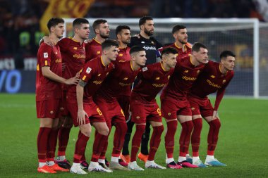 Rome, Italy 01.02.2023:  As Roma team  during the semifinal Italy Cup match between AS Roma and Cremonese at OLYMPIC STADIUM on February 01, 2023 in Rome, Italy.