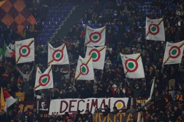 Rome, Italy 01.02.2023: AS ROMA  flags supporters on the stand during the semifinal Italy Cup match between AS Roma and Cremonese at OLYMPIC STADIUM on February 01, 2023 in Rome, Italy.