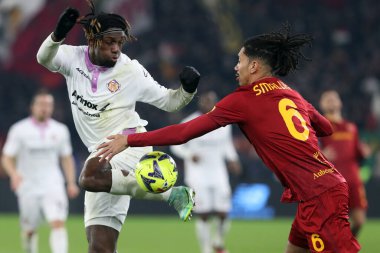 Rome, Italy 01.02.2023: Frank Tsadjout (CREMONESE), Chris Smalling (AS ROMA) in action during the semifinal Italy Cup match between AS Roma and Cremonese at OLYMPIC STADIUM on February 01, 2023 in Rome, Italy.