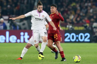 Rome, Italy 01.02.2023: Michele Castagnetti (CREMONESE). Paulo Dybala (AS ROMA) in action during the semifinal Italy Cup match between AS Roma and Cremonese at OLYMPIC STADIUM on February 01, 2023 in Rome, Italy.