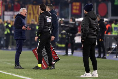 Rome, Italy 01.02.2023:  Jose Mourinho coach manager (AS ROMA) protest with referee in  the semifinal Italy Cup match between AS Roma and Cremonese at OLYMPIC STADIUM on February 01, 2023 in Rome, Italy.