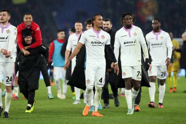 Rome, Italy 01.02.2023: Cremonese players celebrate victory 0-2 at end of the semifinal Italy Cup match between AS Roma and Cremonese at OLYMPIC STADIUM on February 01, 2023 in Rome, Italy.