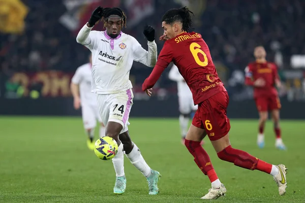 Rome, Italy 01.02.2023: Frank Tsadjout (CREMONESE), Chris Smalling (AS ROMA) in action during the semifinal Italy Cup match between AS Roma and Cremonese at OLYMPIC STADIUM on February 01, 2023 in Rome, Italy.