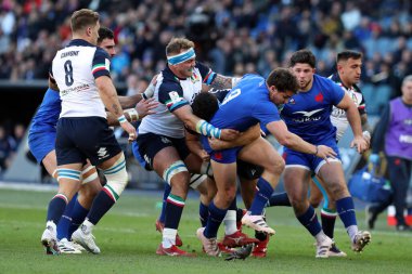 Rome, Italy 05.02.2023: NICCOLO CANNONE (ITA), ANTOINE DUPONT (FRA)  in action during the Guinness Six Nations 2023 rugby match between ITALY vs France at Stadio Olimpico on February 05, 2023 in Rome, Italy.