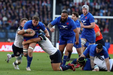 Rome, Italy 05.02.2023: STEPHEN VARNEY (ITA), ANTHONY JELONCH (FRA), GIACOMO NICOTERA (ITA) in action during the Guinness Six Nations 2023 rugby match between ITALY vs France at Stadio Olimpico on February 05, 2023 in Rome, Italy.