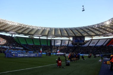 Rome, Italy 05.02.2023: Nations team during anthem before the Guinness Six Nations 2023 rugby match between ITALY vs France at Stadio Olimpico on February 05, 2023 in Rome, Italy.
