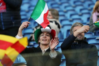 Rome, Italy 05.02.2023: Colors of fans on the stands before  the Guinness Six Nations 2023 rugby match between ITALY vs France at Stadio Olimpico on February 05, 2023 in Rome, Italy.