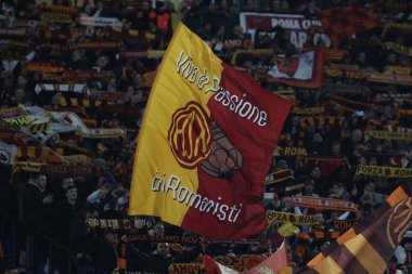 Rome, Italy 19.02.2023: As Roma flag on the stand during the  UEFA EUROPA League 2023 football match between AS Roma vs FC Salzburg VERONA at Stadio Olimpico on February 23, 2023 in Rome, Italy.