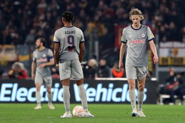 Rome, Italy 19.02.2023: Disappointment JUNIOR ADAMU  and KJARGAARD  after Dybala score during the  UEFA EUROPA League 2023 football match between AS Roma vs FC Salzburg at Stadio Olimpico on February 23, 2023 in Rome, Italy.