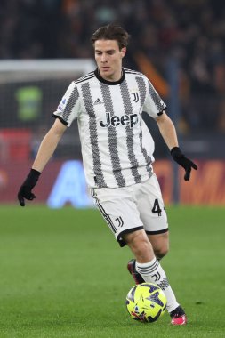 Roma, İtalya 05.03.2023: Serie A futbol karşılaşması sırasında FAGIOLI AS Roma FC Juventus Torino ile Olimpiyat Stadyumu 'nda 05.2023 Mart' ında İtalya 'nın başkenti Roma' da oynanan karşılaşmada