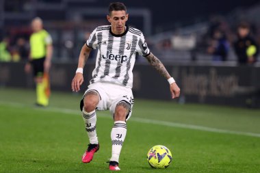 Roma, İtalya 05.03.2023: Filip Kostiç (Juventus) Serie A futbol karşılaşması sırasında AS Roman FC Juventus Torino ile Olimpiyat Stadyumu 'nda 05.2023 Mart' ında İtalya 'nın başkenti Roma' da oynanan karşılaşmada