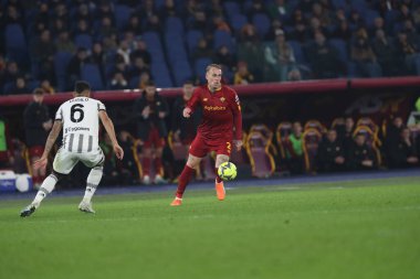 Roma, İtalya 05.03.2023: Serie A futbol karşılaşması sırasında AS Roma FC Juventus Torino ile Olimpiyat Stadyumu 'nda 05.2023 Mart' ında İtalya 'nın başkenti Roma' da oynanmıştır.