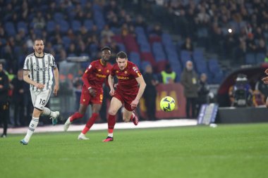 Roma, İtalya 05.03.2023: Serie A futbol karşılaşması sırasında AS Roma FC Juventus Torino ile Olimpiyat Stadyumu 'nda 05.2023 Mart' ında İtalya 'nın başkenti Roma' da oynanmıştır.