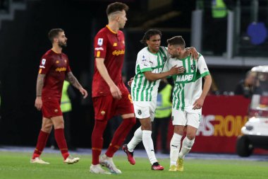 Roma, İtalya 12.03.2023: İtalya 'nın başkenti Roma' daki Stadio Olimpico 'da AS Romanlar ve Sassuolo arasında oynanan futbol karşılaşması sırasında.