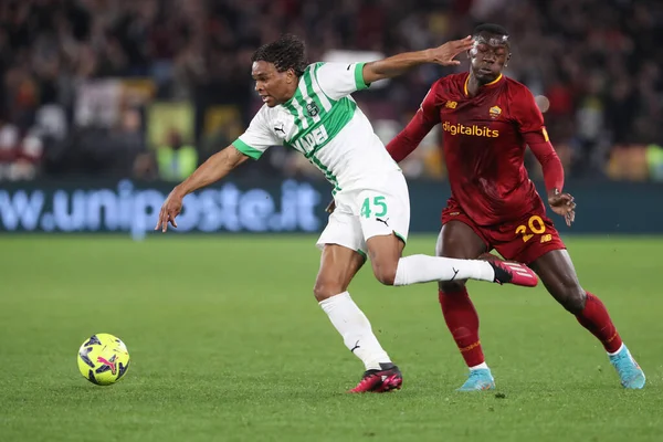 stock image Rome, Italy 12.03.2023: CAMARA (ROMA), LAURIENTE ARMAND (SASS)  in action during the Serie A footballl match between AS Roma vs Sassuolo at Stadio Olimpico in Rome, Italy.