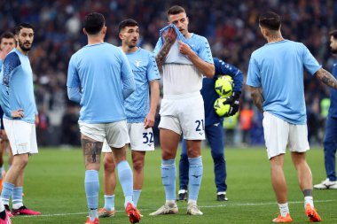 Roma, İtalya 19.03.2023: Serie A Şampiyonası 'ndan önce Lazio ısınma turu, İtalya' nın başkenti Roma 'daki Stadio Olimpico' da SS Lazio ile AS Roma arasındaki futbol müsabakası..