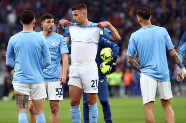 Roma, İtalya 19.03.2023: Serie A Şampiyonası 'nda Lazio ısınma turu, İtalya' nın başkenti Roma 'daki Stadio Olimpico' da SS Lazio 'nun AS Roma' ya karşı oynadığı futbol müsabakası..