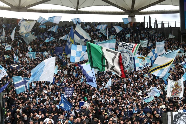 Roma Italia 2023 Lazio Fans Banderas Estrado Antes Del Campeonato — Foto de Stock