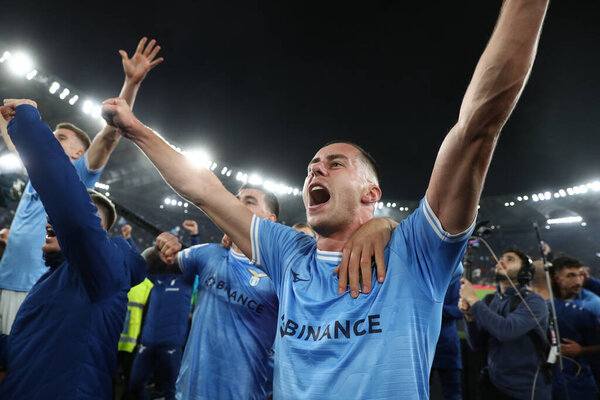 Rome, Italy 19.03.2023: Lazio players (Adam Marusic ) celebrate victory in derby for 1-0 at end of the match Serie A Championship, football match derby between SS Lazio vs AS Roma at Stadio Olimpico in Rome, Italy.