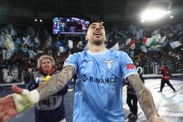 stock image Rome, Italy 19.03.2023: Lazio players (Mattia Zaccagni ) celebrate victory in derby for 1-0 at end of the match Serie A Championship, football match derby between SS Lazio vs AS Roma at Stadio Olimpico in Rome, Italy.