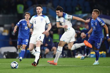 Napoli, İtalya 23.03.2023: Maguire, Rice Uefa Avrupa Kalifiye Ligi 2024 C Grubu futbol karşılaşması sırasında İtalya 'nın Napoli kentindeki Diego Armando Maradona Stadyumu' nda ITALY-ENGLAND maçı düzenlendi..