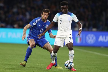 Napoli, İtalya 23.03.2023: İtalya 'nın Napoli kentindeki Diego Armando Maradona Stadyumu' nda oynanan Uefa Avrupa Eleme Turnuvası 2024 C Grubu futbol karşılaşması sırasında.