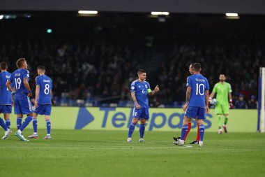 Napoli, İtalya 23.03.2023: İtalya 'nın Napoli kentindeki Diego Armando Maradona Stadyumu' nda oynanan Uefa Avrupa Eleme Turnuvası 2024 C Grubu futbol karşılaşması sırasında.