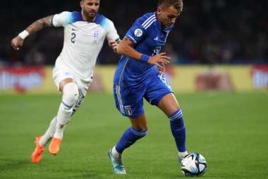 Napoli, İtalya 23.03.2023: İtalya 'nın Napoli kentindeki Diego Armando Maradona Stadyumu' nda oynanan Uefa Avrupa Eleme Turnuvası 2024 C Grubu futbol karşılaşması sırasında.