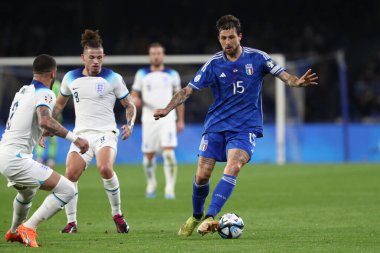 Napoli, İtalya 23.03.2023: Acerbi, Philips İtalya 'nın Napoli kentinde bulunan Diego Armando Maradona Stadyumu' nda oynanan Uefa Avrupa Kalifiye Grubu 2024 C Grubu futbol karşılaşmasında.