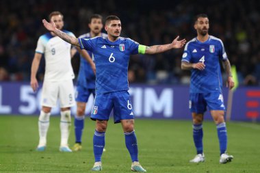 Napoli, İtalya 23.03.2023: Marco Veratti, İtalya 'nın Napoli kentindeki Diego Armando Maradona Stadyumu' nda oynanan Uefa Avrupa Kalifiye 2024 C Grubu futbol karşılaşması sırasında eylem halindedir..