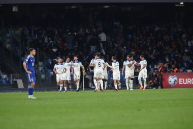 Napoli, İtalya 23.03.2023: İtalya 'nın Napoli kentindeki Diego Armando Maradona Stadyumu' nda oynanan Uefa Avrupa Eleme Turnuvası 2024 C Grubu futbol karşılaşması sırasında.