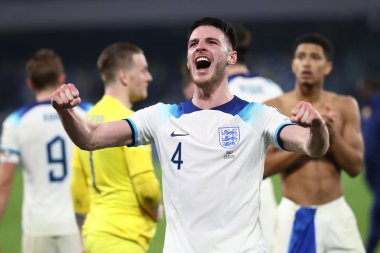 Napoli, İtalya 23.03.2023: Declan Rice (ENGLAND), İtalya 'nın Napoli kentinde bulunan Diego Armando Maradona Stadyumu' nda oynanan Uefa Avrupa Kalifiye Grubu 2024 C Grubu futbol karşılaşmasının zaferini kutladı..