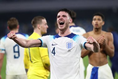 Napoli, İtalya 23.03.2023: Declan Rice (ENGLAND), İtalya 'nın Napoli kentinde bulunan Diego Armando Maradona Stadyumu' nda oynanan Uefa Avrupa Kalifiye Grubu 2024 C Grubu futbol karşılaşmasının zaferini kutladı..